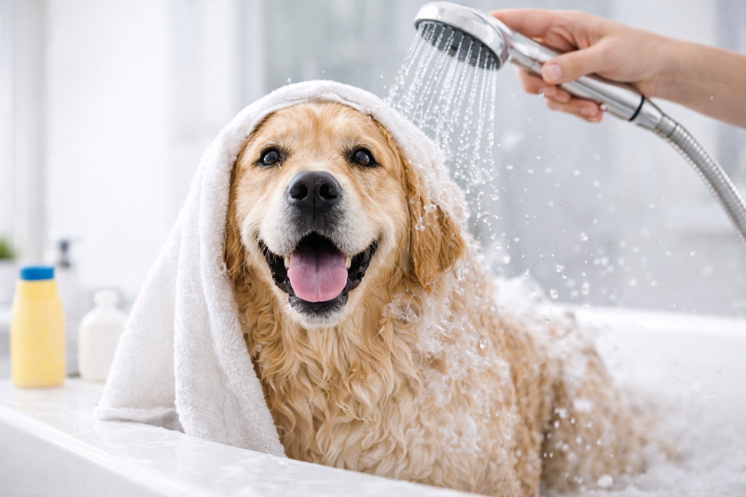 Perro durante un baño y cepillado profesional